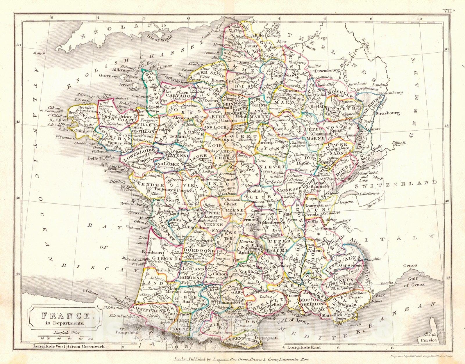 Historic Map : 1820 France in Departments : Vintage Wall Art