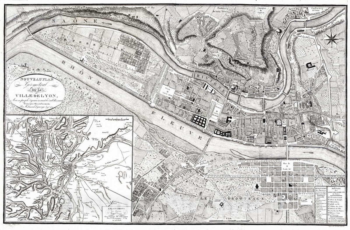 Historic Map : 1822 Nouveauplan Geometral de la ville de Lyon : Vintage Wall Art