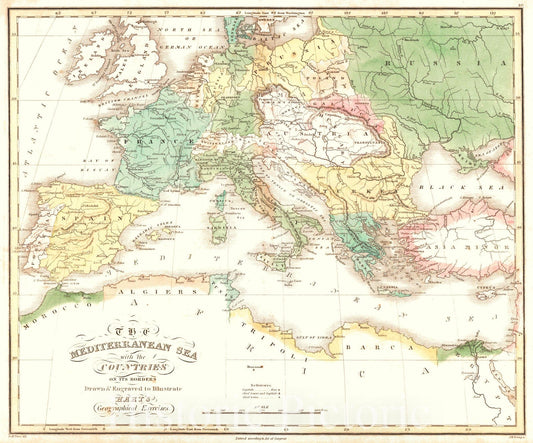 Historic Map : 1828 The Mediterranean Sea with the Countries on its borders : Vintage Wall Art
