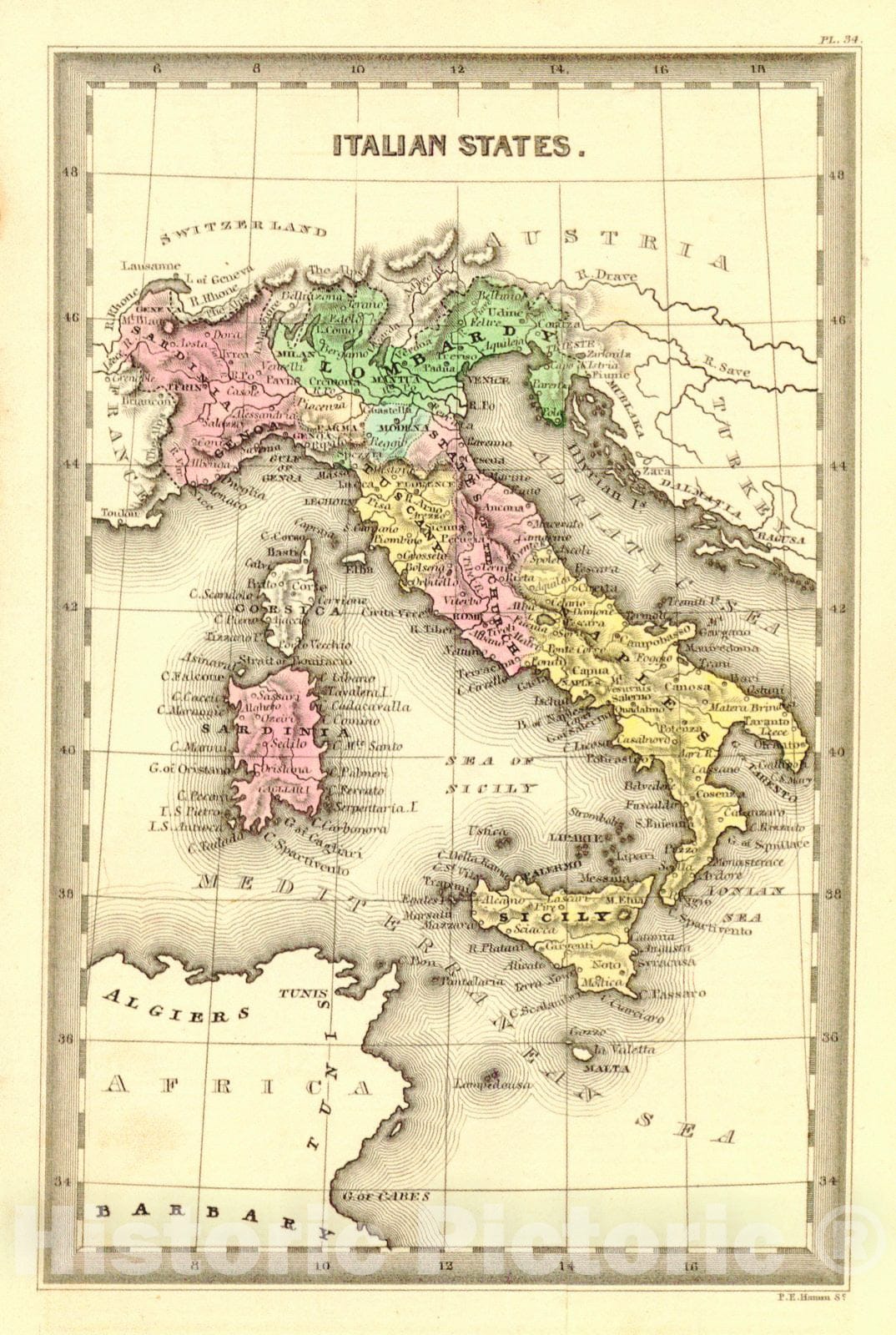 Historic Map : 1832 Italian States : Vintage Wall Art