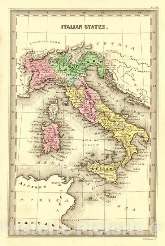 Historic Map : 1832 Italian States : Vintage Wall Art