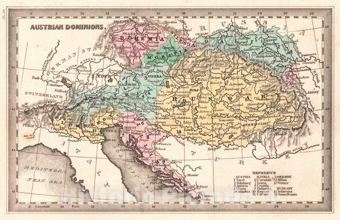 Historic Map : 1832 Austrian Dominions : Vintage Wall Art