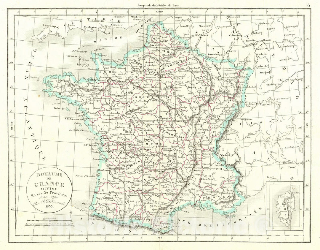 Historic Map : 1833 Royaume de France, Divise en ses 32 Provinces Avant 1790 : Vintage Wall Art