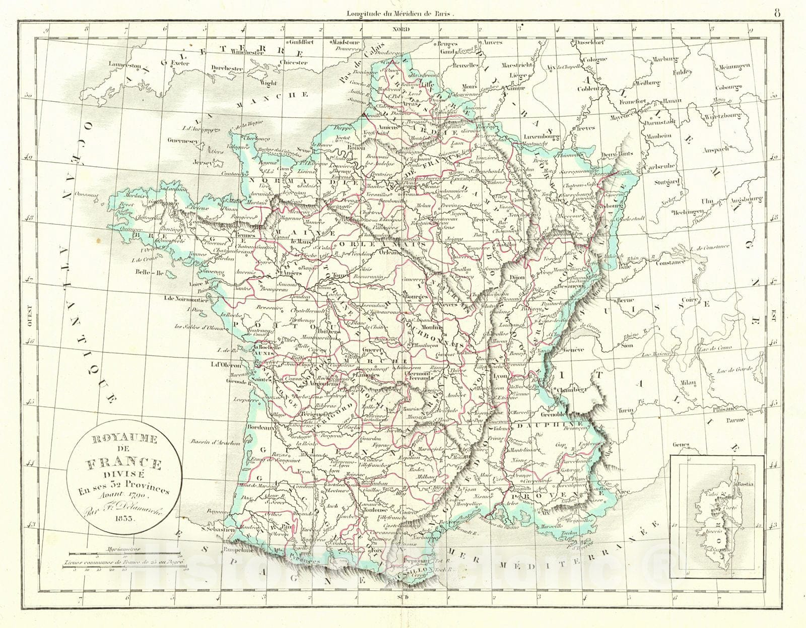 Historic Map : 1833 Royaume de France, Divise en ses 32 Provinces Avant 1790 : Vintage Wall Art