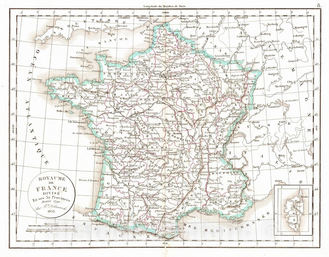 Historic Map : 1834 Royaume de France divis&eacute; en ses 32 Provinces avant 1790 : Vintage Wall Art