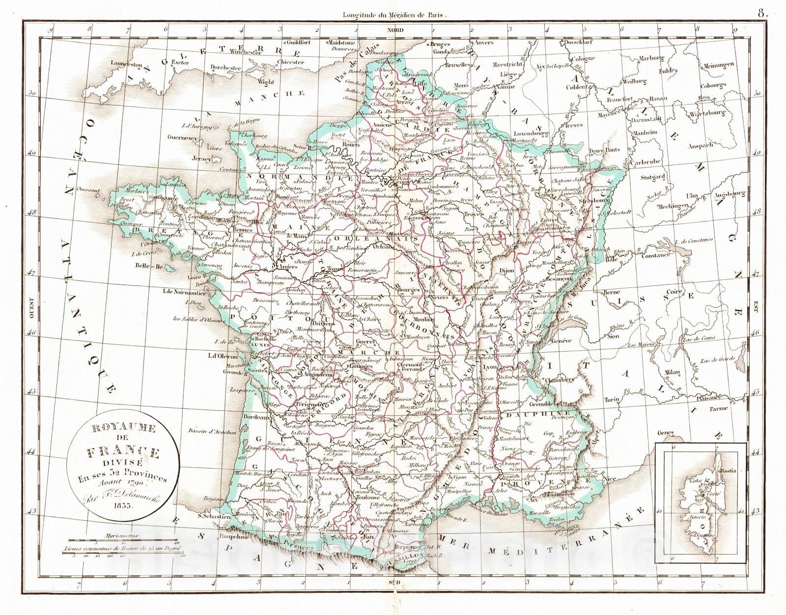 Historic Map : 1834 Royaume de France divis&eacute; en ses 32 Provinces avant 1790 : Vintage Wall Art