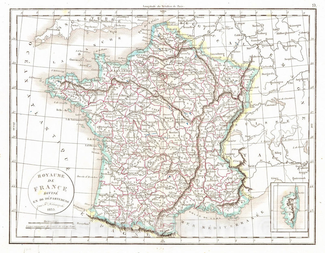 Historic Map : 1834 Royaume de France divise en 86 D&eacute;partements : Vintage Wall Art