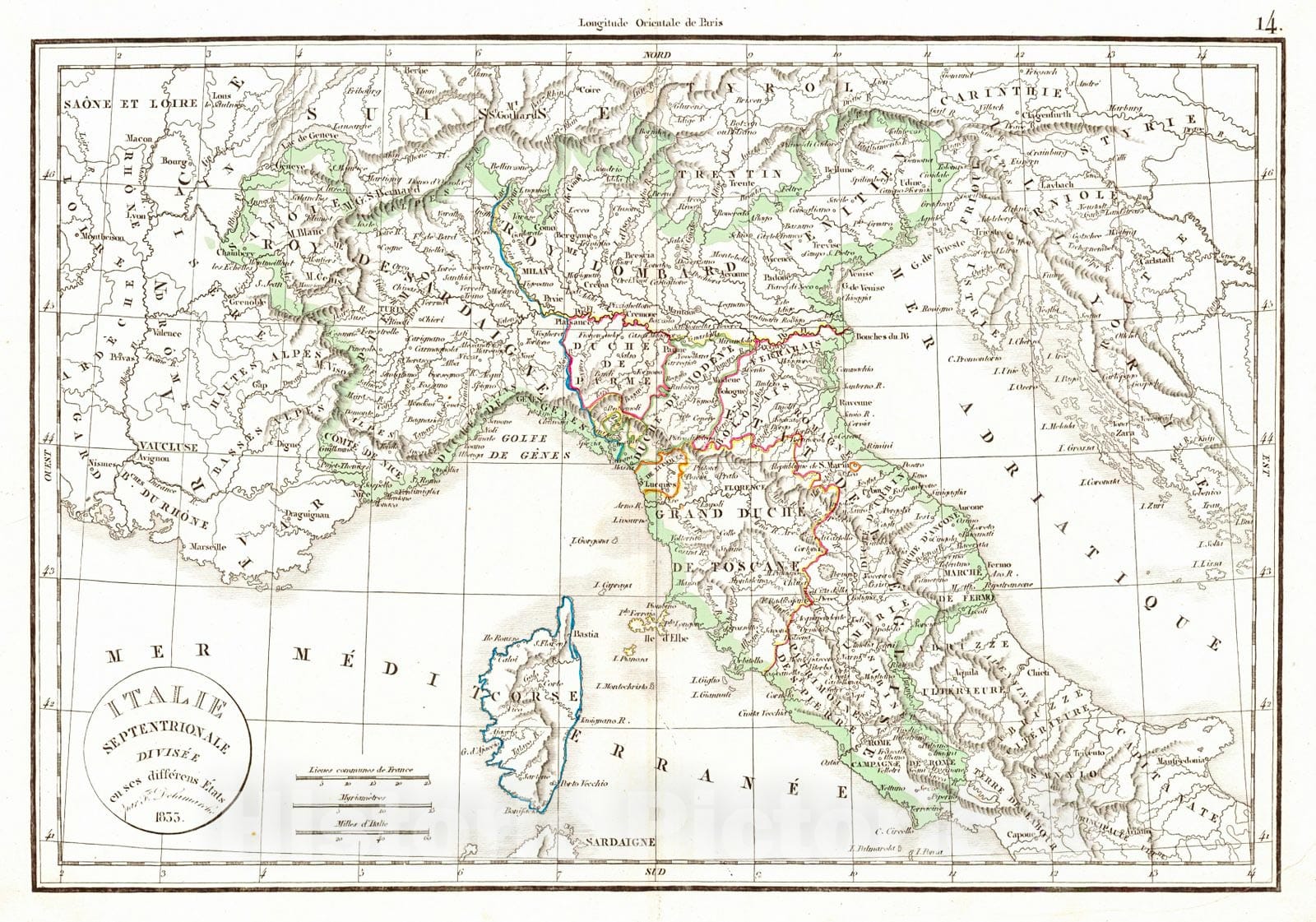 Historic Map : 1834 Italie Septentrionale divisee en ses diff&eacute;rens &Eacute;tats : Vintage Wall Art