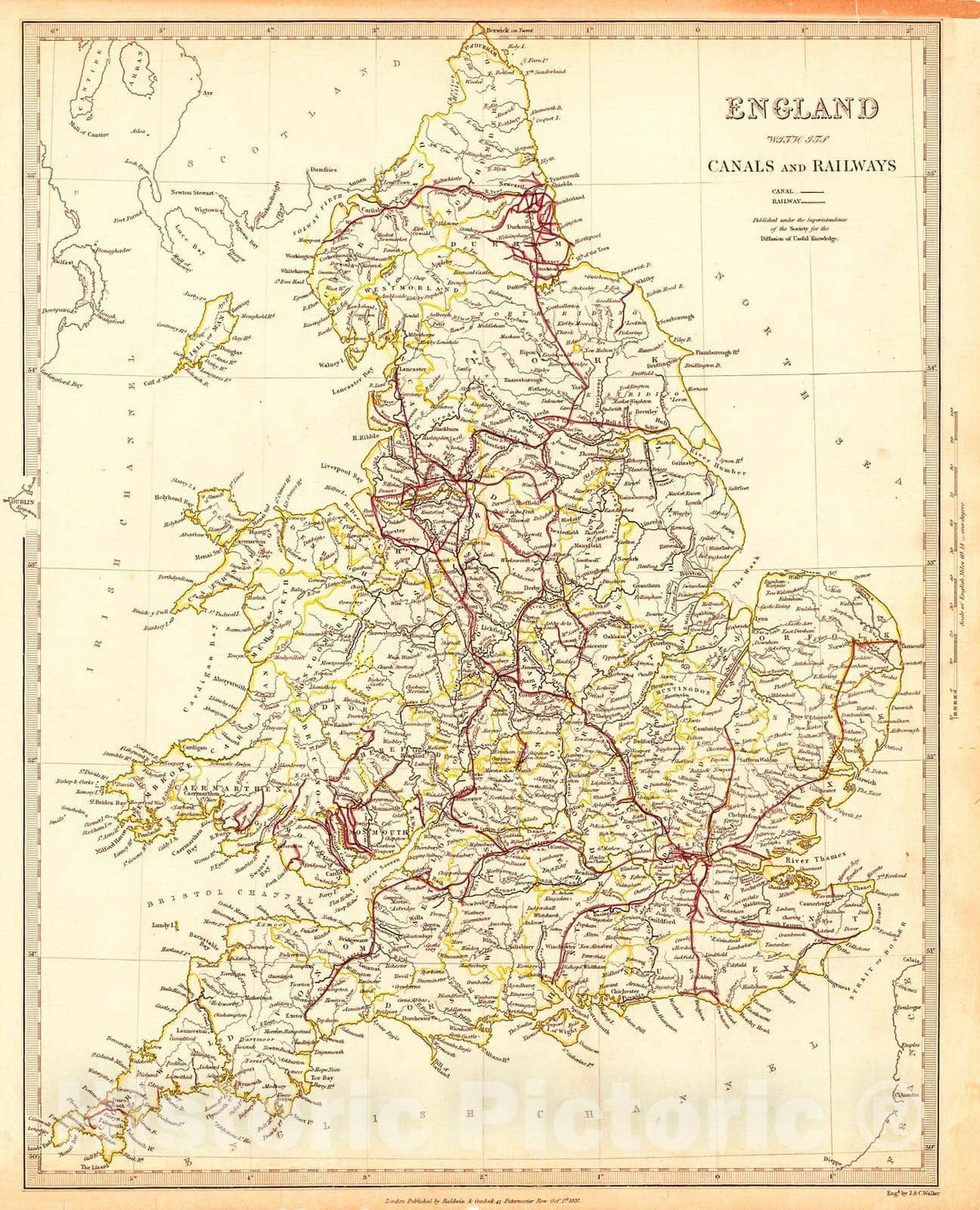 Historic Map : 1837 England with its Canals and Railways : Vintage Wall Art