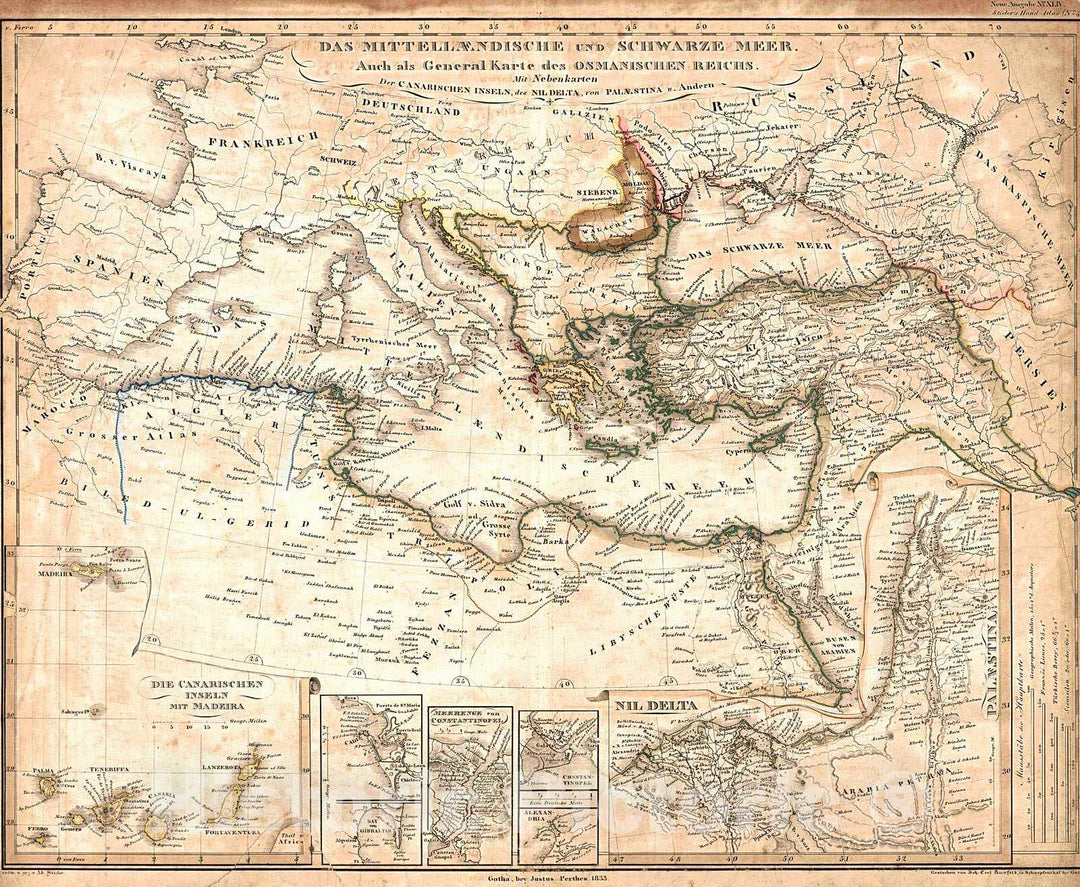 Historic Map : 1839 Schwarze Meer Auch als General Karte des Osmanischen Reichs, Mit Nebenkarten der Canarischen Inseln / Map of the Ottoman Empire - Adolf Stieler : Vintage Wall Art