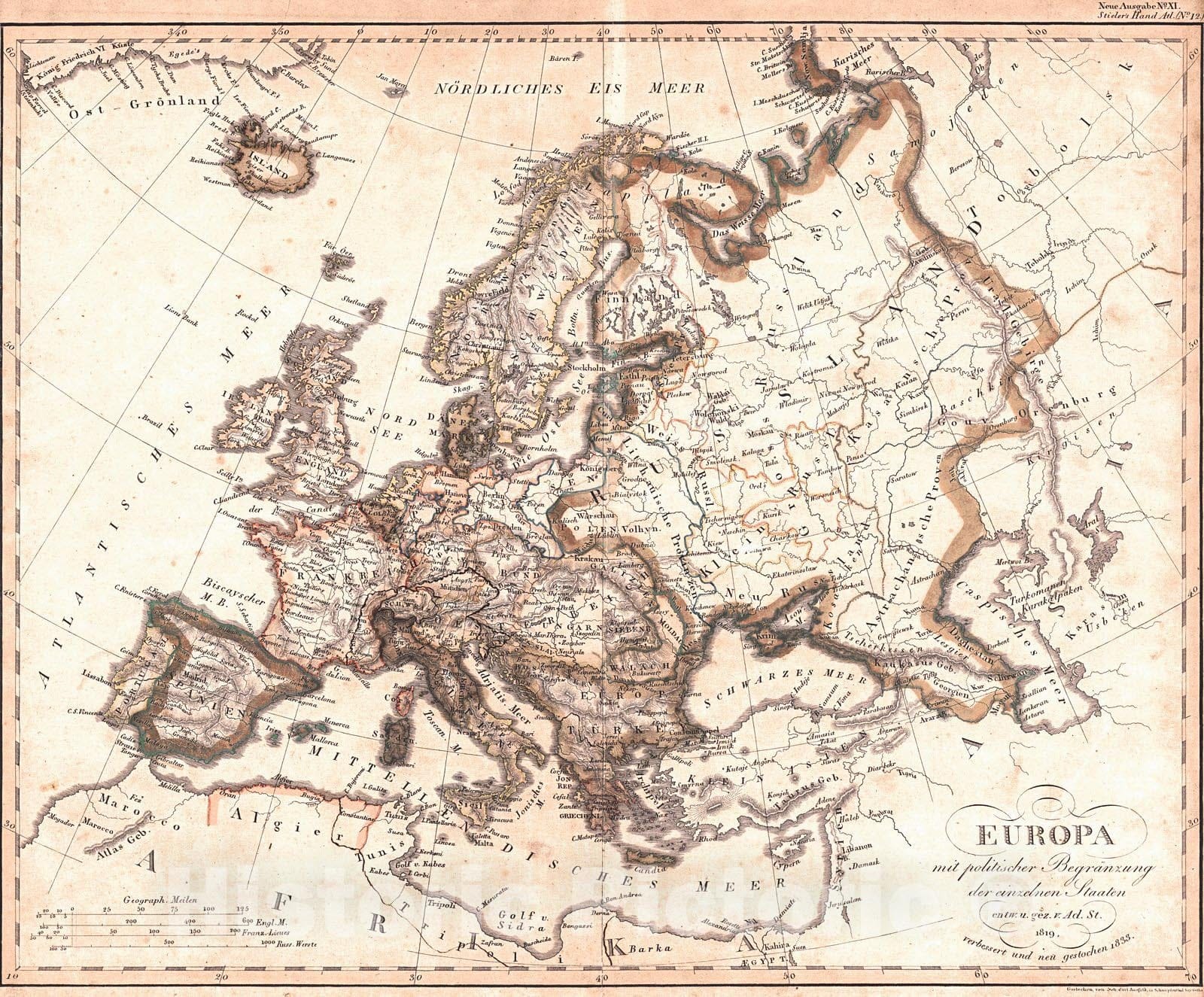 Historic Map : 1839 Europa mit politischer Begranzung der einzelnen Staaten : Vintage Wall Art