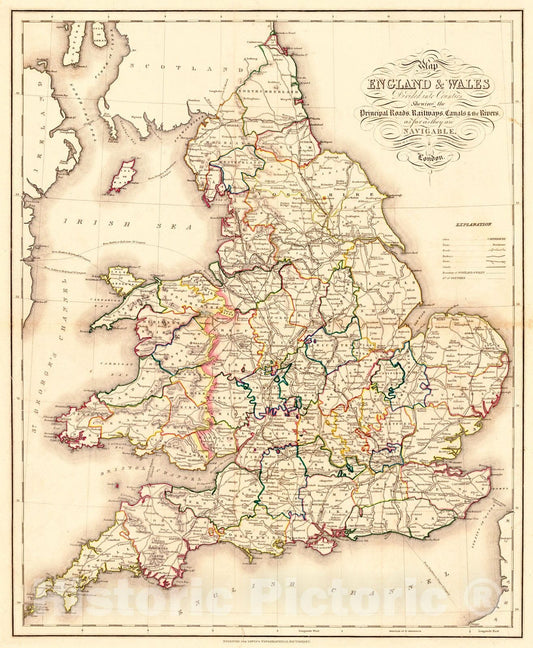 Historic Map : 1842 Map of England & Wales Divided into Counties Showing the Principal Roads, Railways, Canals & the Rivers as far as they are Navigable : Vintage Wall Art