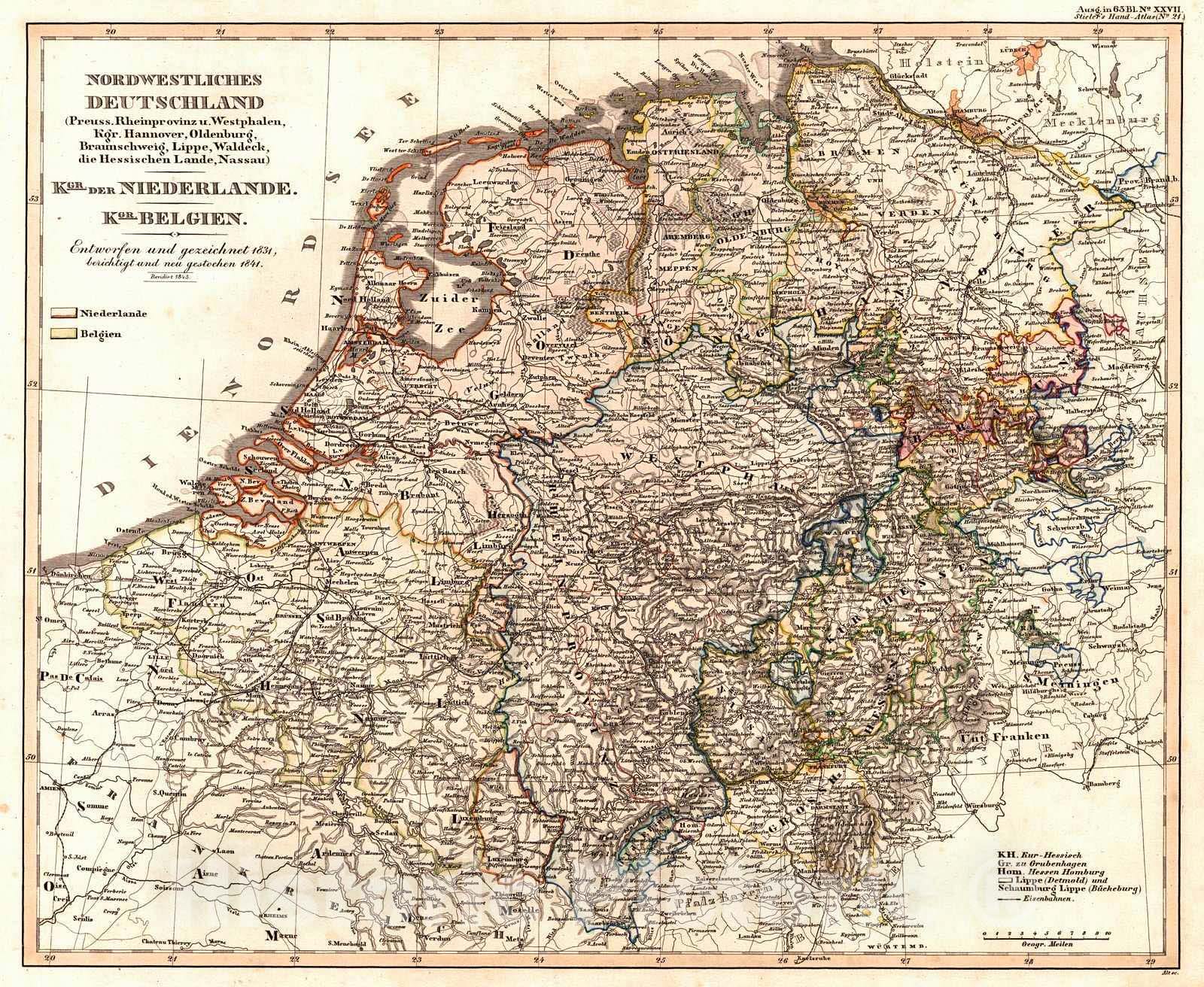 Historic Map : 1847 Nordwestliches Deutschland, der Niederlande, Belgien : Vintage Wall Art