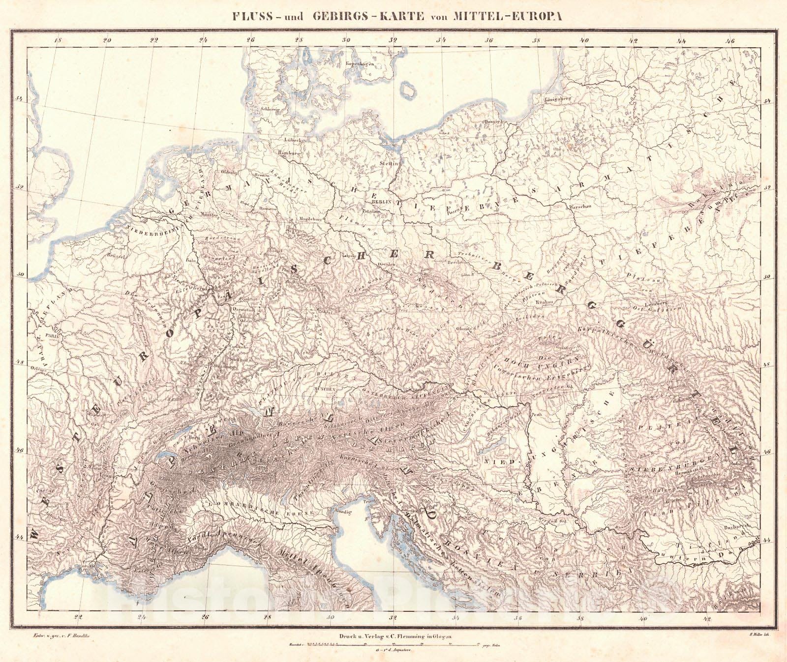 Historic Map : 1847 Fluss und Gebirgs Karte von Mittel Europa  : Vintage Wall Art