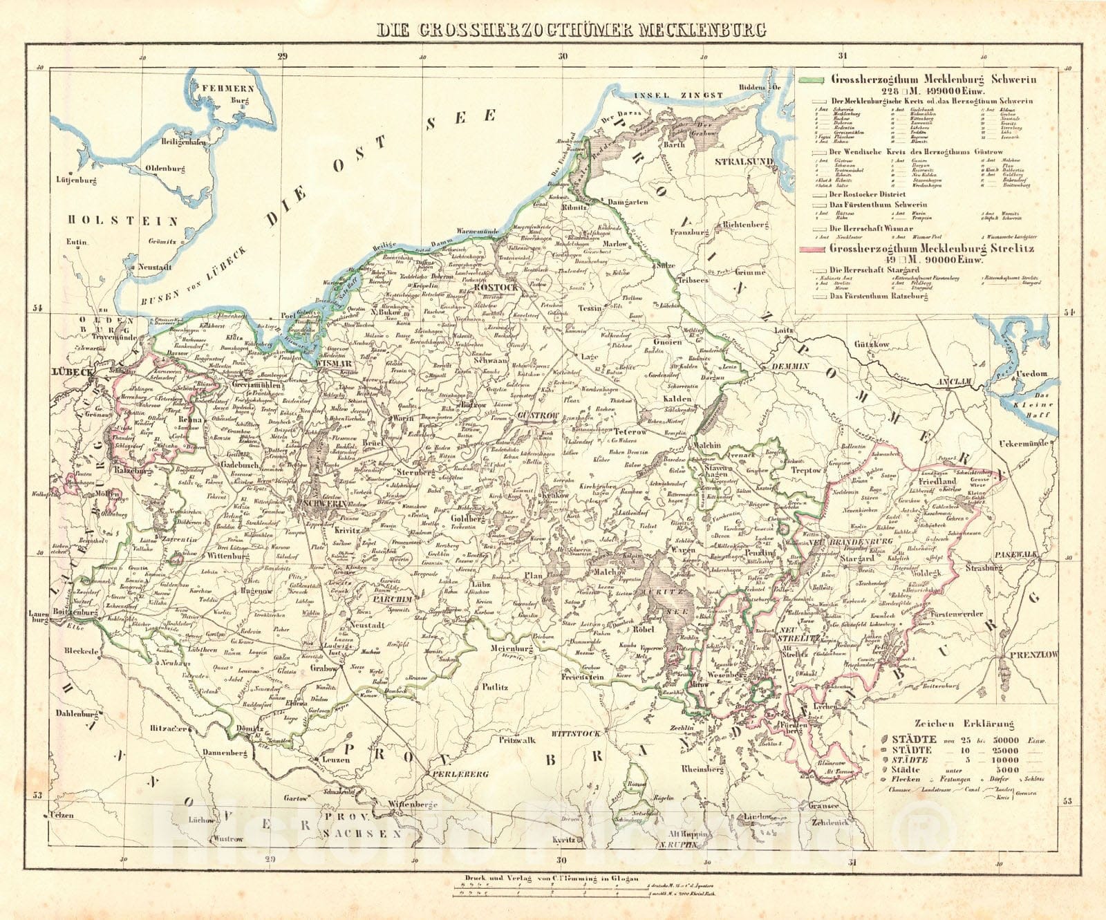 Historic Map : 1847 Die Grossherzog thumer Mecklenburg : Vintage Wall Art