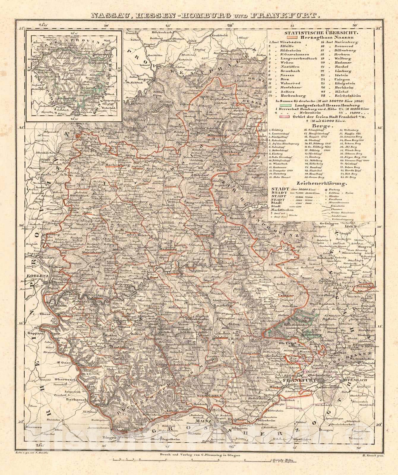 Historic Map : 1847 Nassau, Hessen-Homburg und Frankfurt : Vintage Wall Art