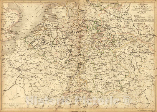 Historic Map : 1847 Map of Central Europe including Germany, Holland, Belgium, with parts of France and Switzerland : Vintage Wall Art
