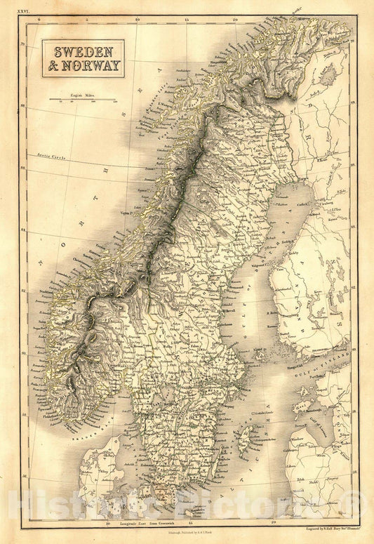 Historic Map : 1847 Sweden and Norway : Vintage Wall Art