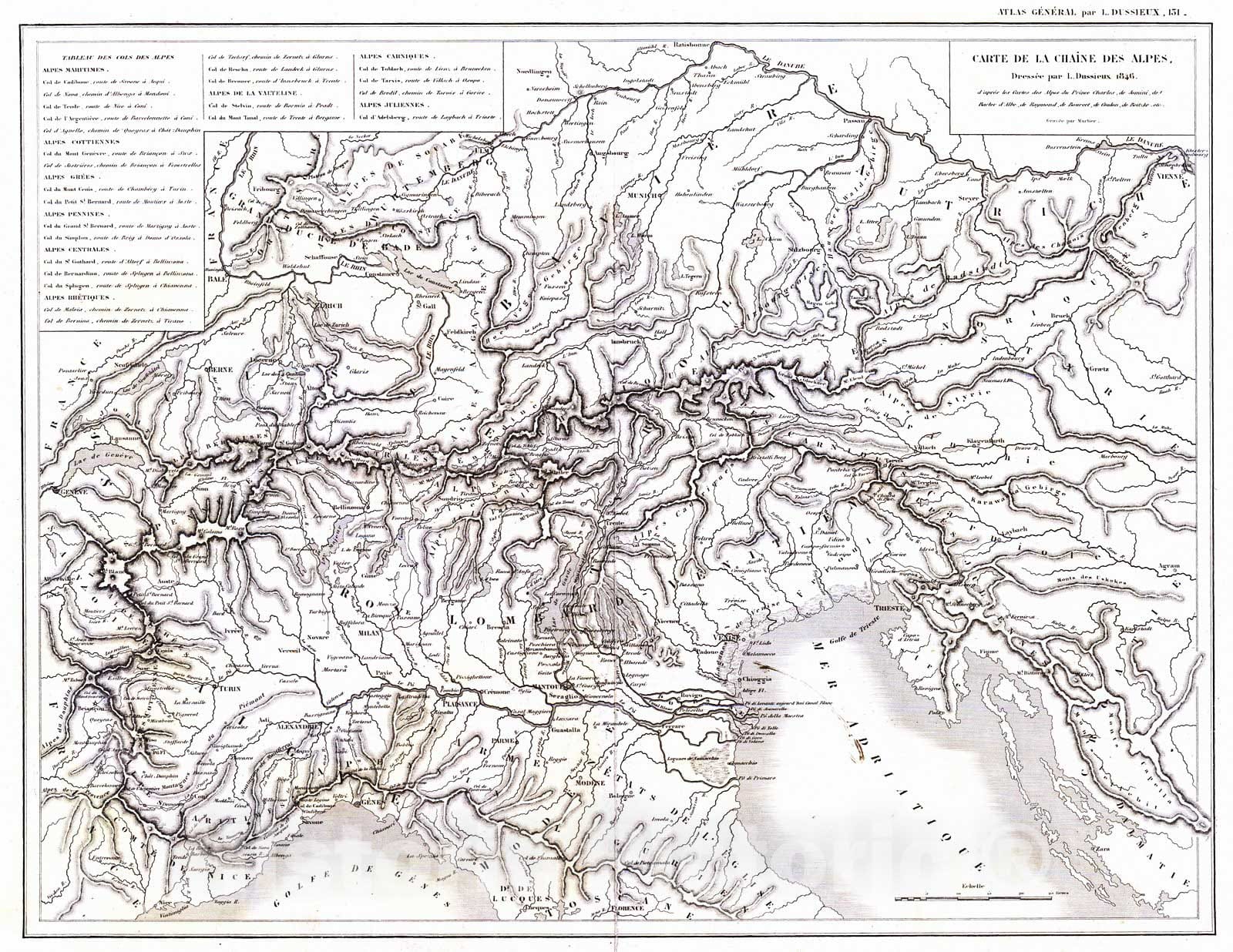 Historic Map : 1848 Carte de la Chaine des Alpes : Vintage Wall Art