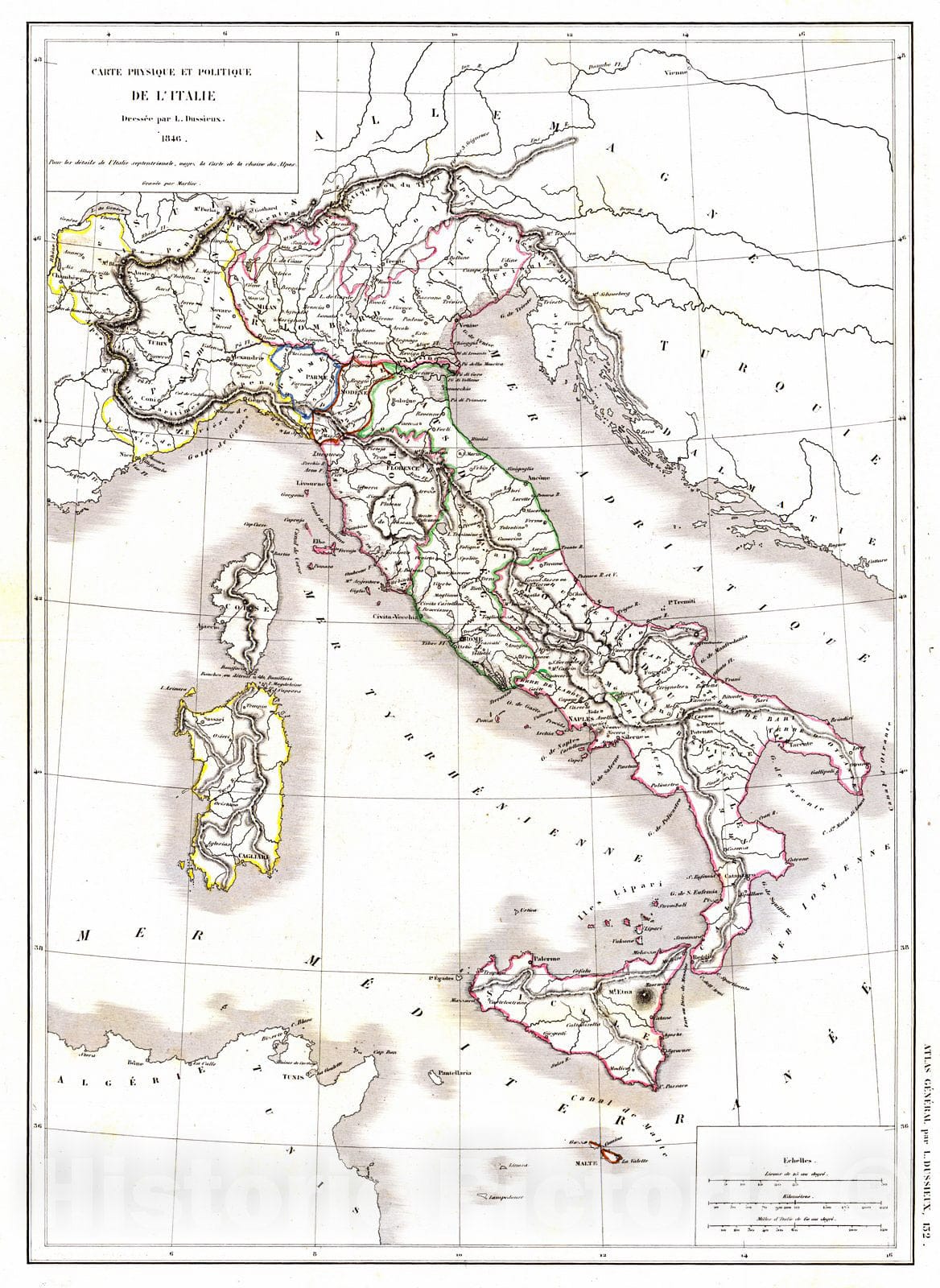 Historic Map : 1848 Carte Physique et Politique de L'Italie  : Vintage Wall Art