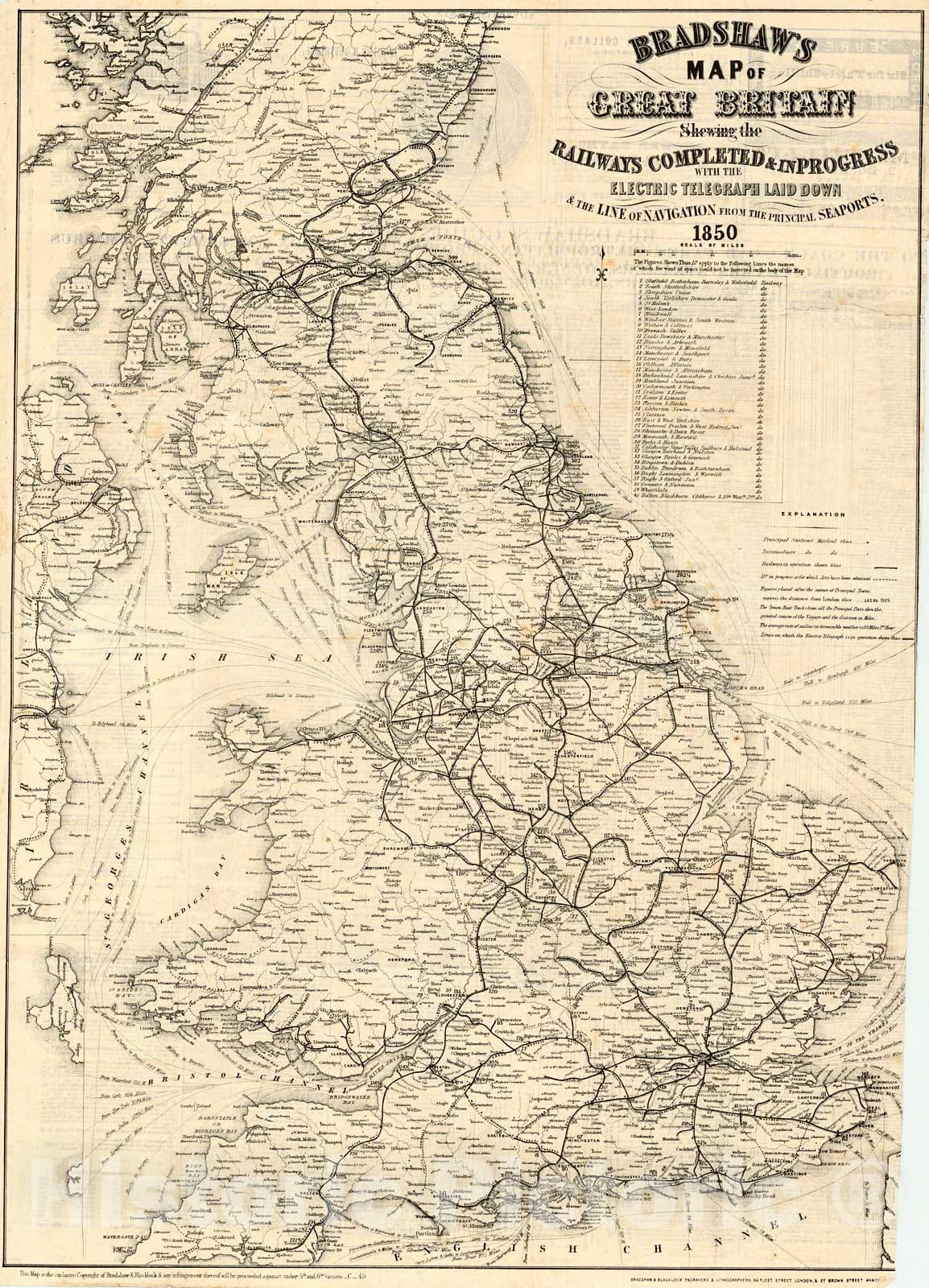 Historic Map : 1850 Bradshaw's Map of Great Britain Showing the Railways Progress wih the Electric Telegraph & the Line of Navigation from the Principal Sea Ports : Vintage Wall Art