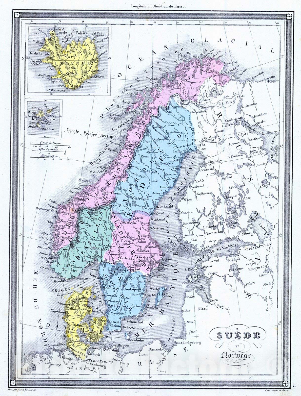 Historic Map : 1850 Suede et Norwege : Vintage Wall Art