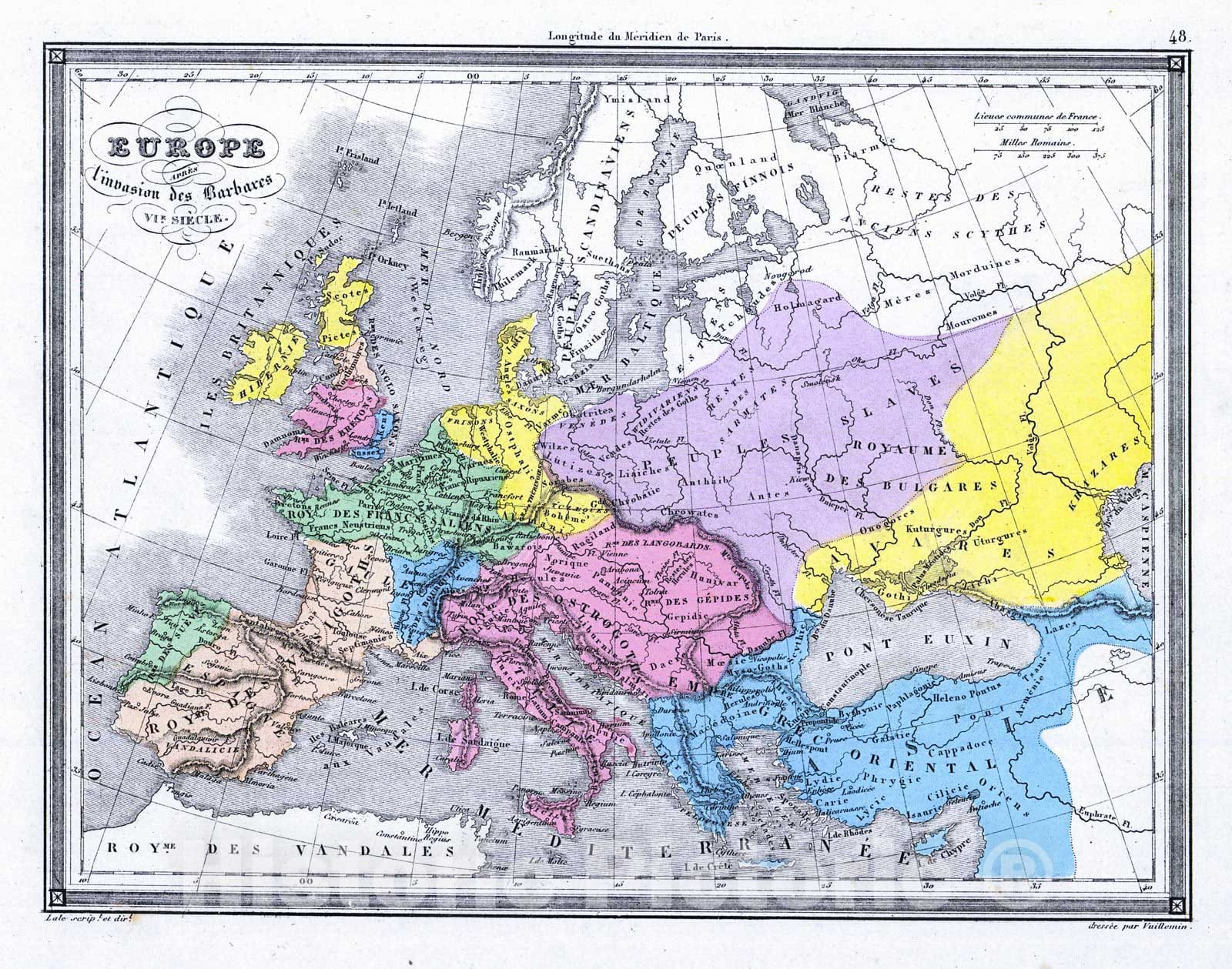 Historic Map : 1850 Europe apres l'invasion des Barbares VI Sieele : Vintage Wall Art