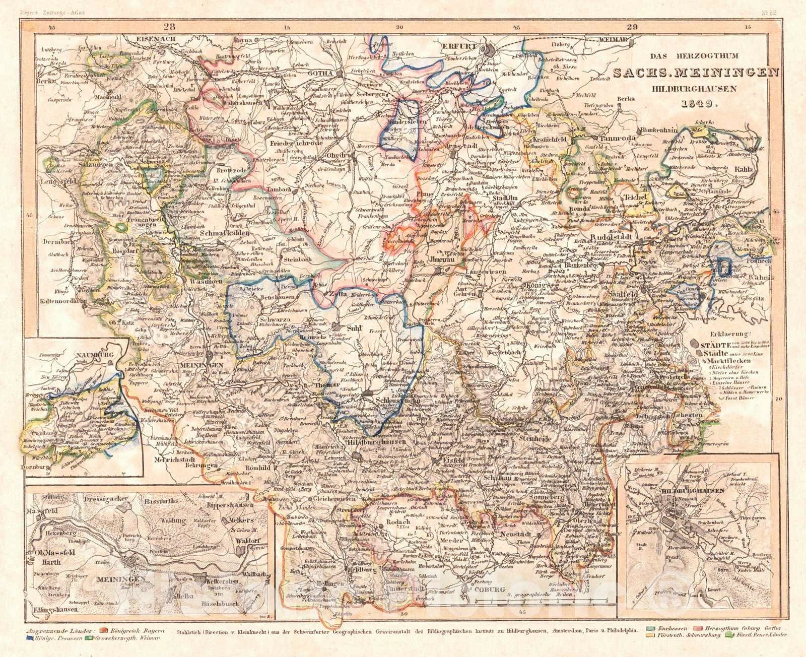 Historic Map : 1852 Das Herzogthum Sachs. Meiningen Hildburghausen  : Vintage Wall Art