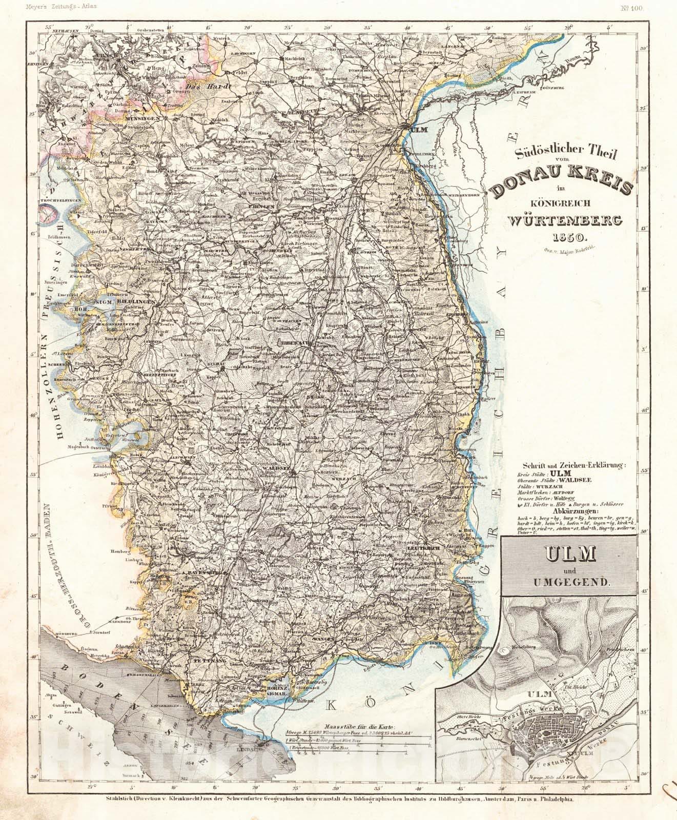 Historic Map : 1852 S&uuml;dOstlicher Theil vom Donau Kreis im KOnigreich W&uuml;rtemberg : Vintage Wall Art