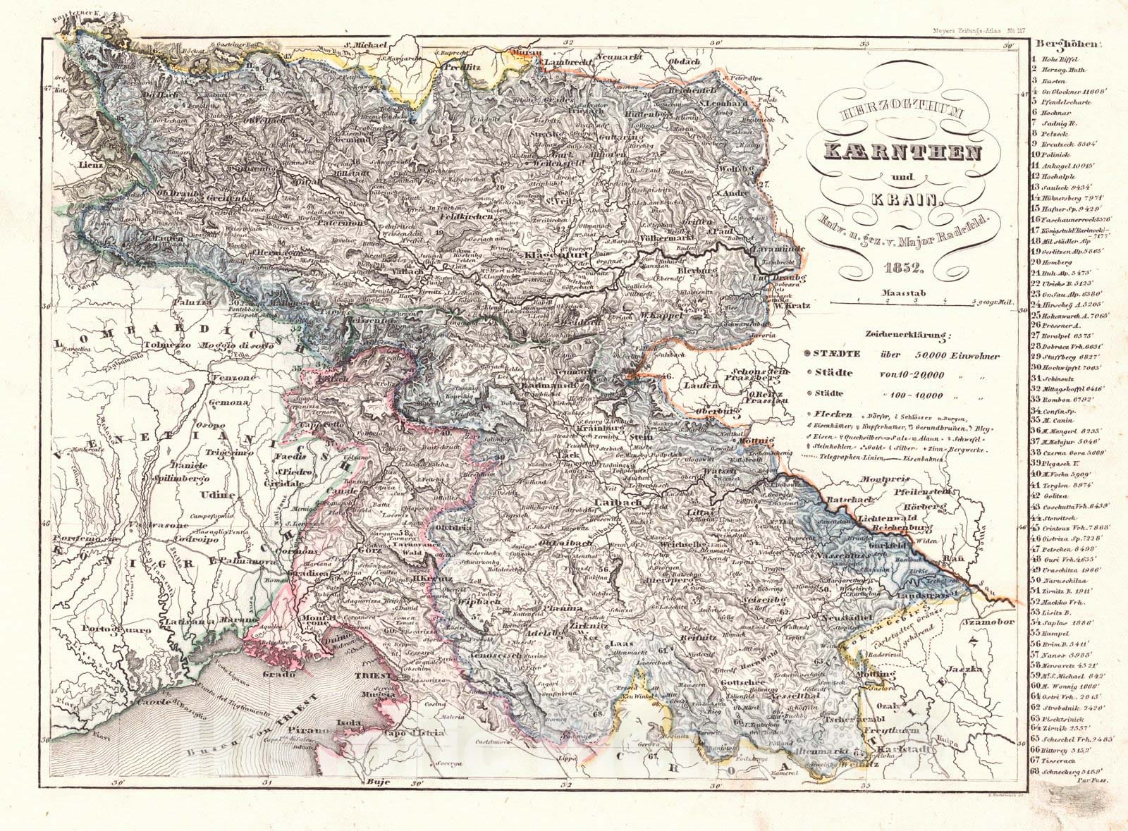 Historic Map : 1852 Herzogthum Kaernthen und Krain : Vintage Wall Art