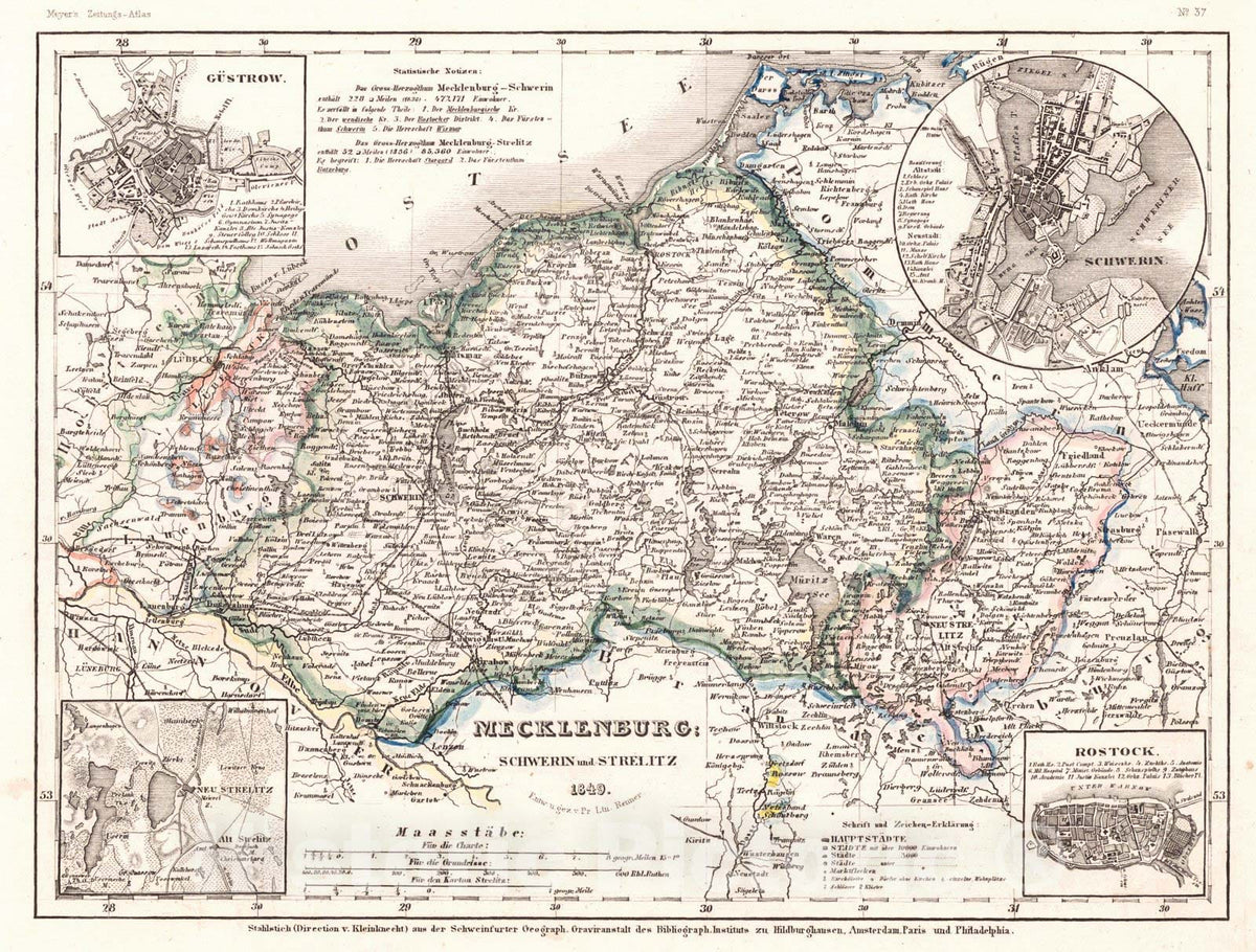 Historic Map : 1852 Mecklenburg: Schwerin und Strelitz : Vintage Wall Art