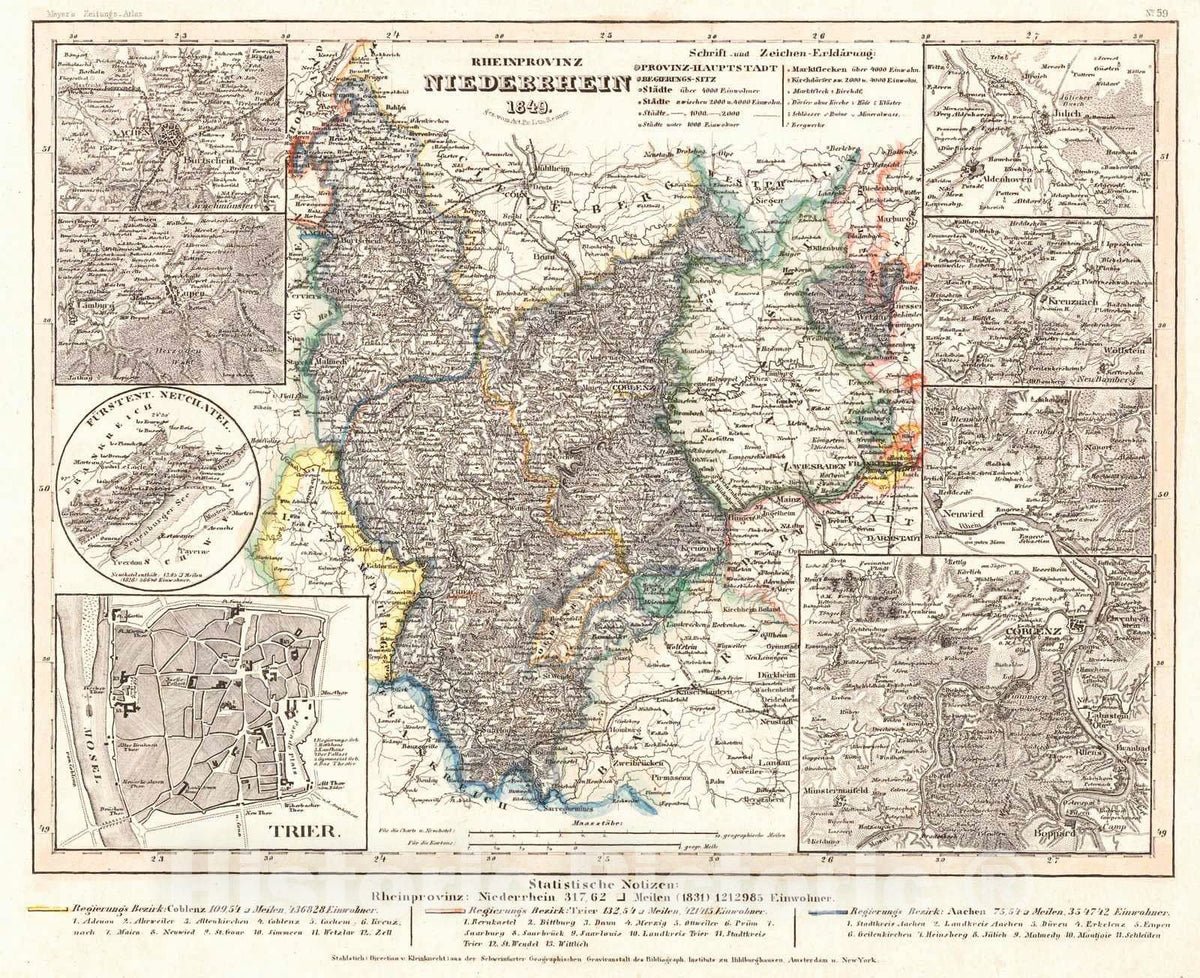 Historic Map : 1852 Rheinprovinz Niederrhein : Vintage Wall Art