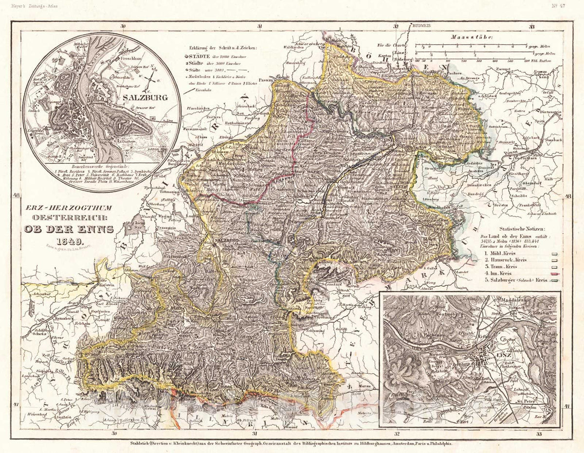 Historic Map : 1852 Erz-Herzogthum Oesterreich: Ob Der Enns : Vintage Wall Art