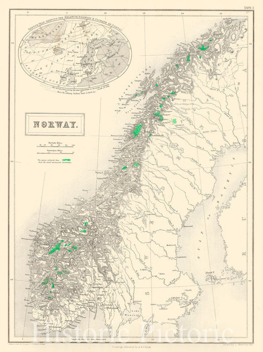Historic Map : 1854 Norway : Vintage Wall Art
