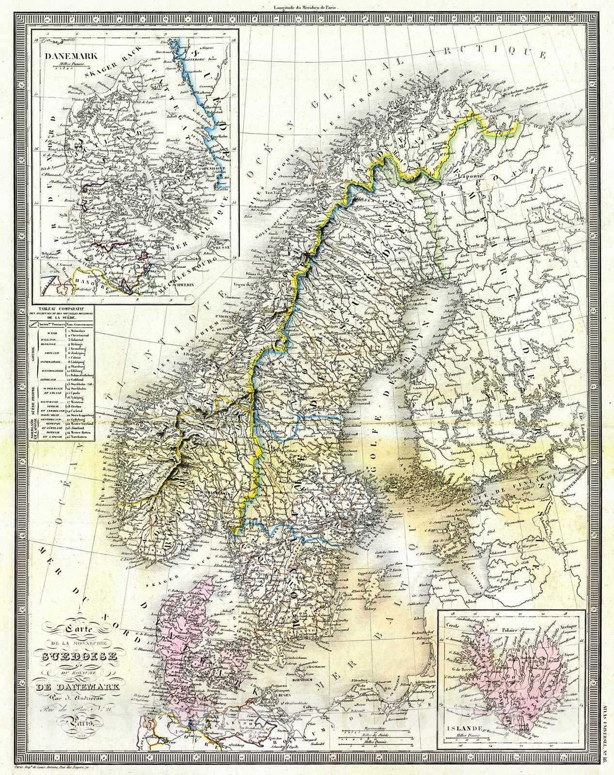 Historic Map : 1855 Carte de la Monarchie Suedoise et du Royalme de Danemark : Vintage Wall Art