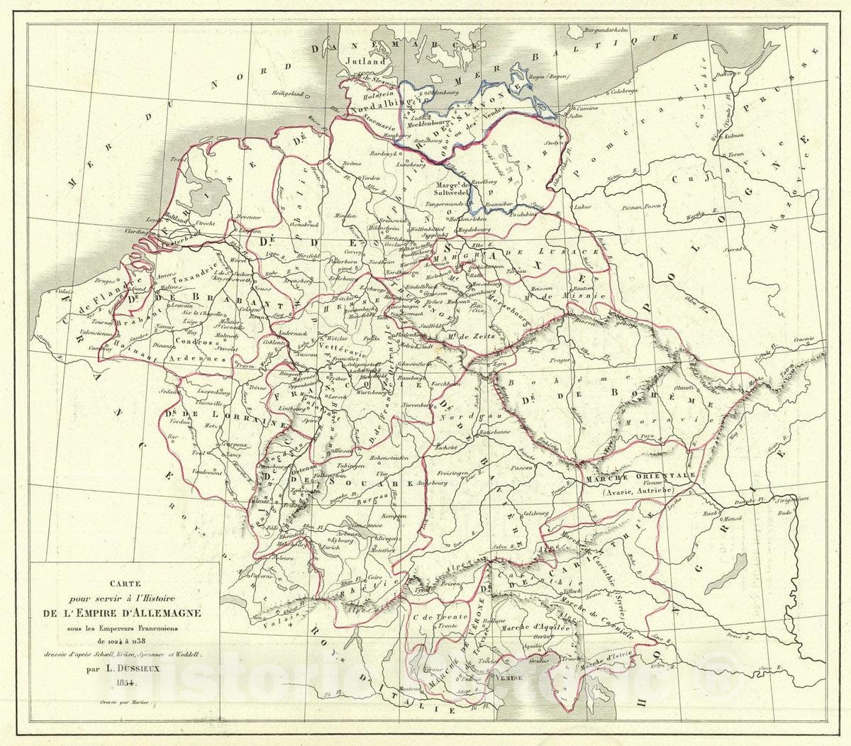 Historic Map : 1856 Carte pour servir a l'hisoire de L'Empire D'Allemagne sous les Empereurs Franconiens de 1024 a 1138 : Vintage Wall Art