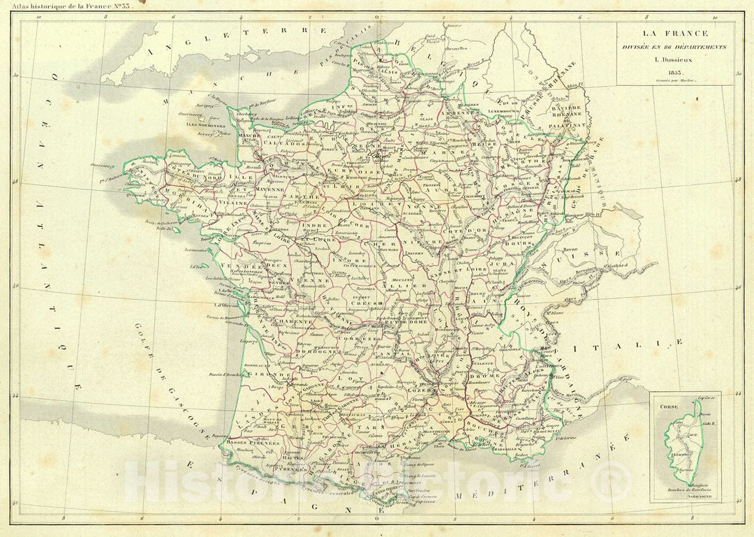 Historic Map : 1856 La France divisee en 86 Departements : Vintage Wall Art