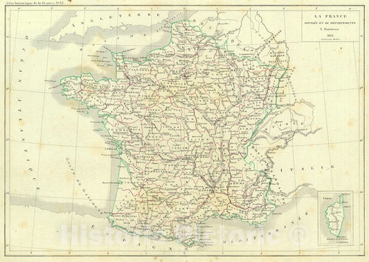 Historic Map : 1856 La France divisee en 86 Departements : Vintage Wall Art