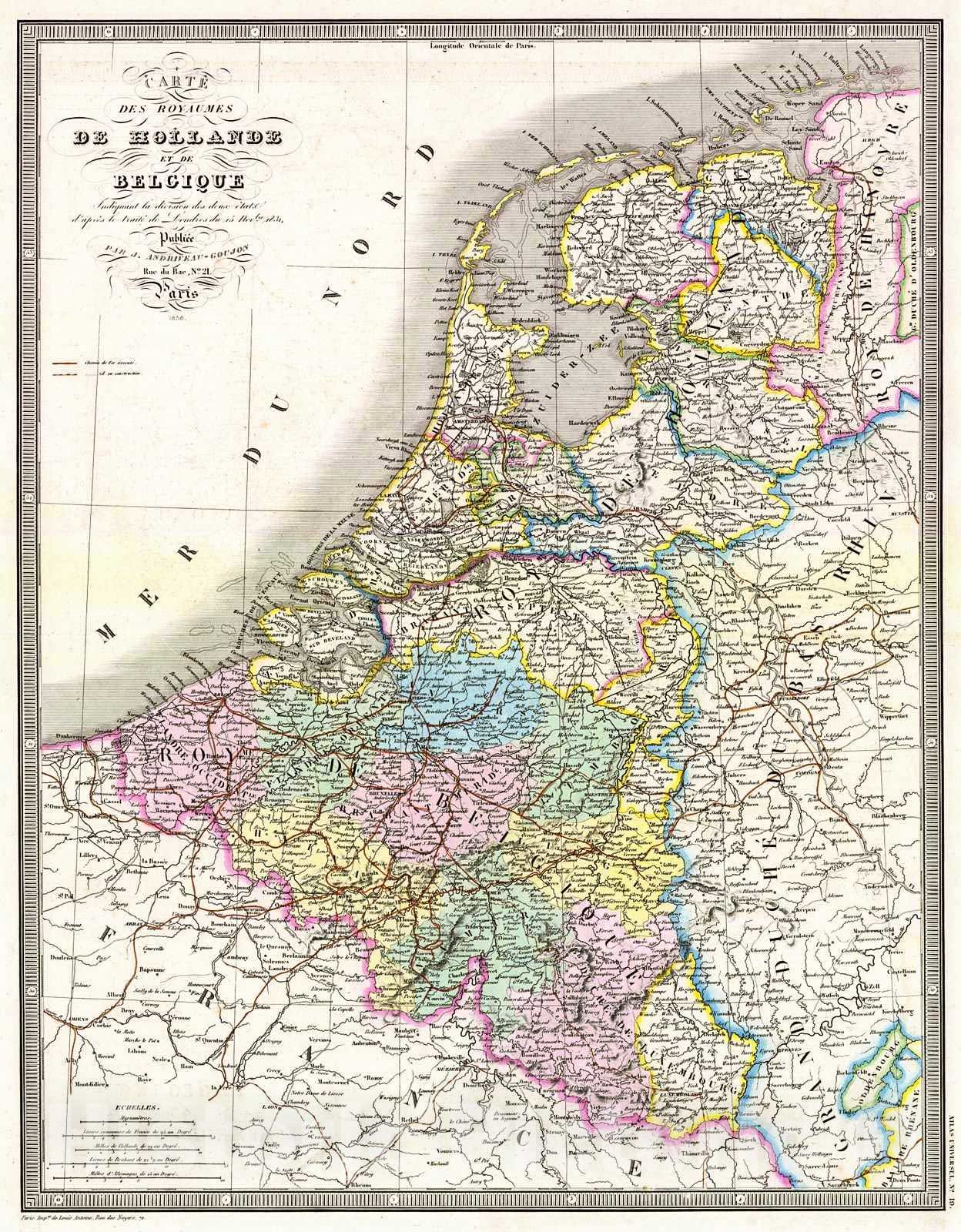 Historic Map : 1856 Carte des Royaumes de Hollande et de Belgique : Vintage Wall Art