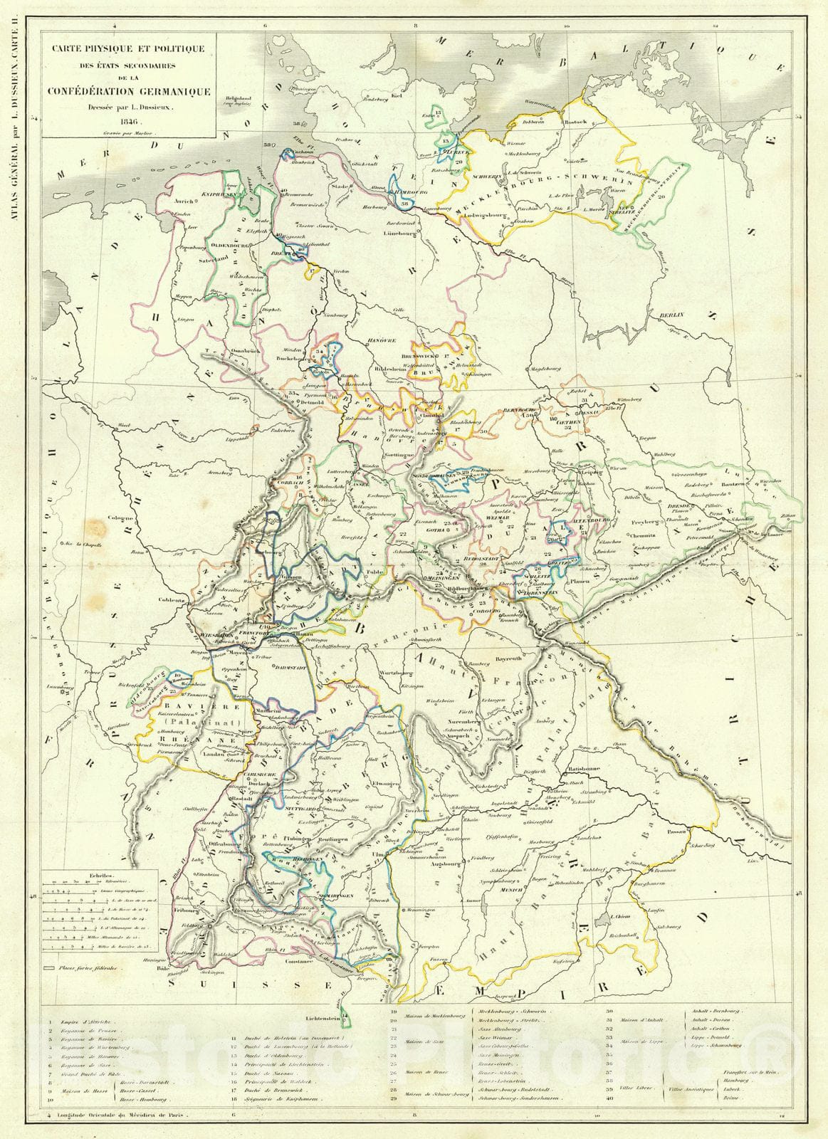 Historic Map : 1856 Carte Physique et Politique des Etats Secondaires de la Confederation Germanique : Vintage Wall Art
