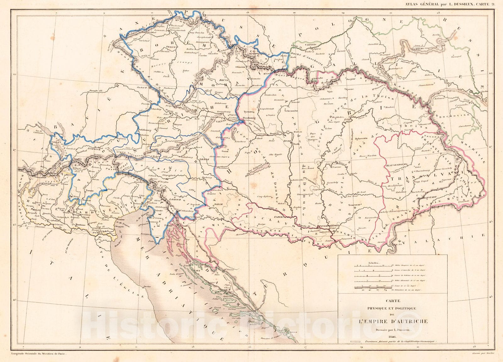 Historic Map : 1856 Carte Physique et Politique de L'Empire D'Autriche : Vintage Wall Art