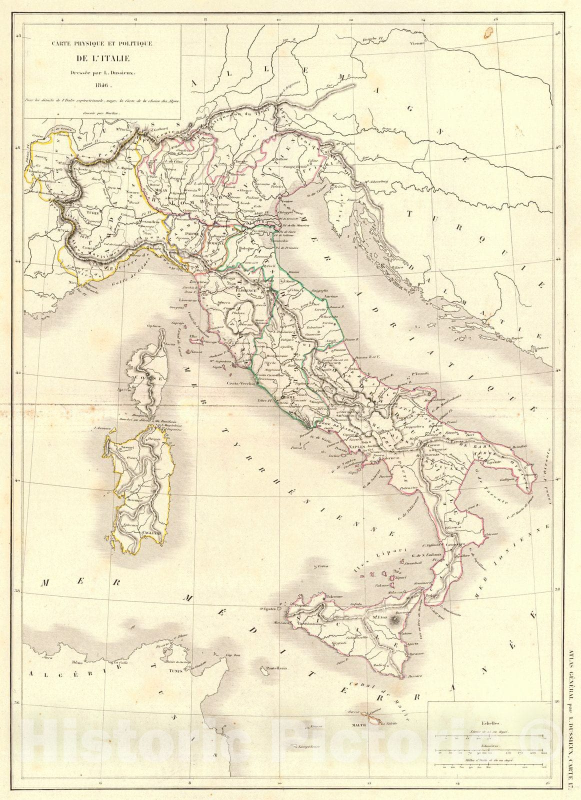 Historic Map : 1856 Carte Physique et Politique de L'Italie  : Vintage Wall Art