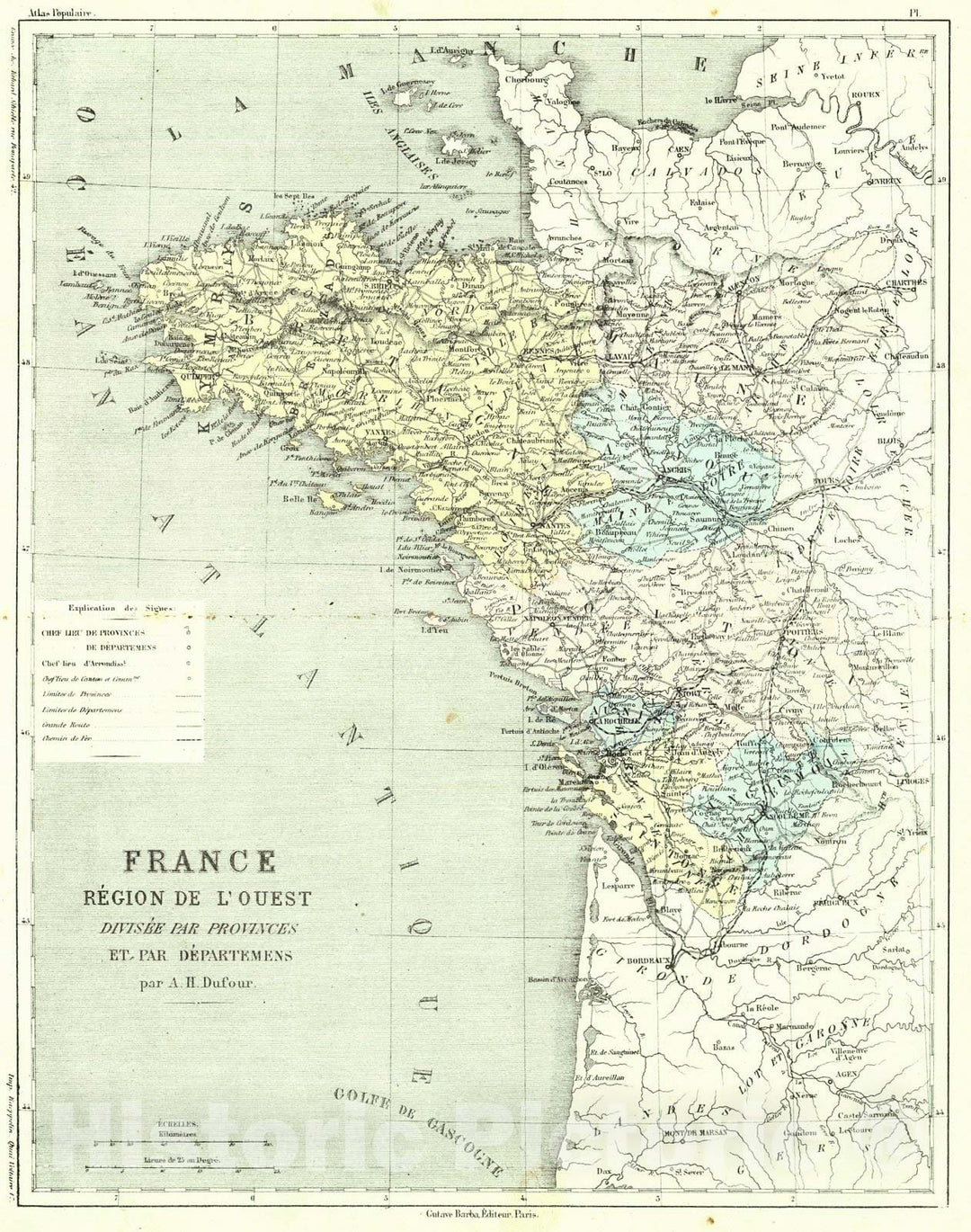 Historic Map : 1856 France Region de L'Ouest Divisee par Provinces et par Departemens : Vintage Wall Art