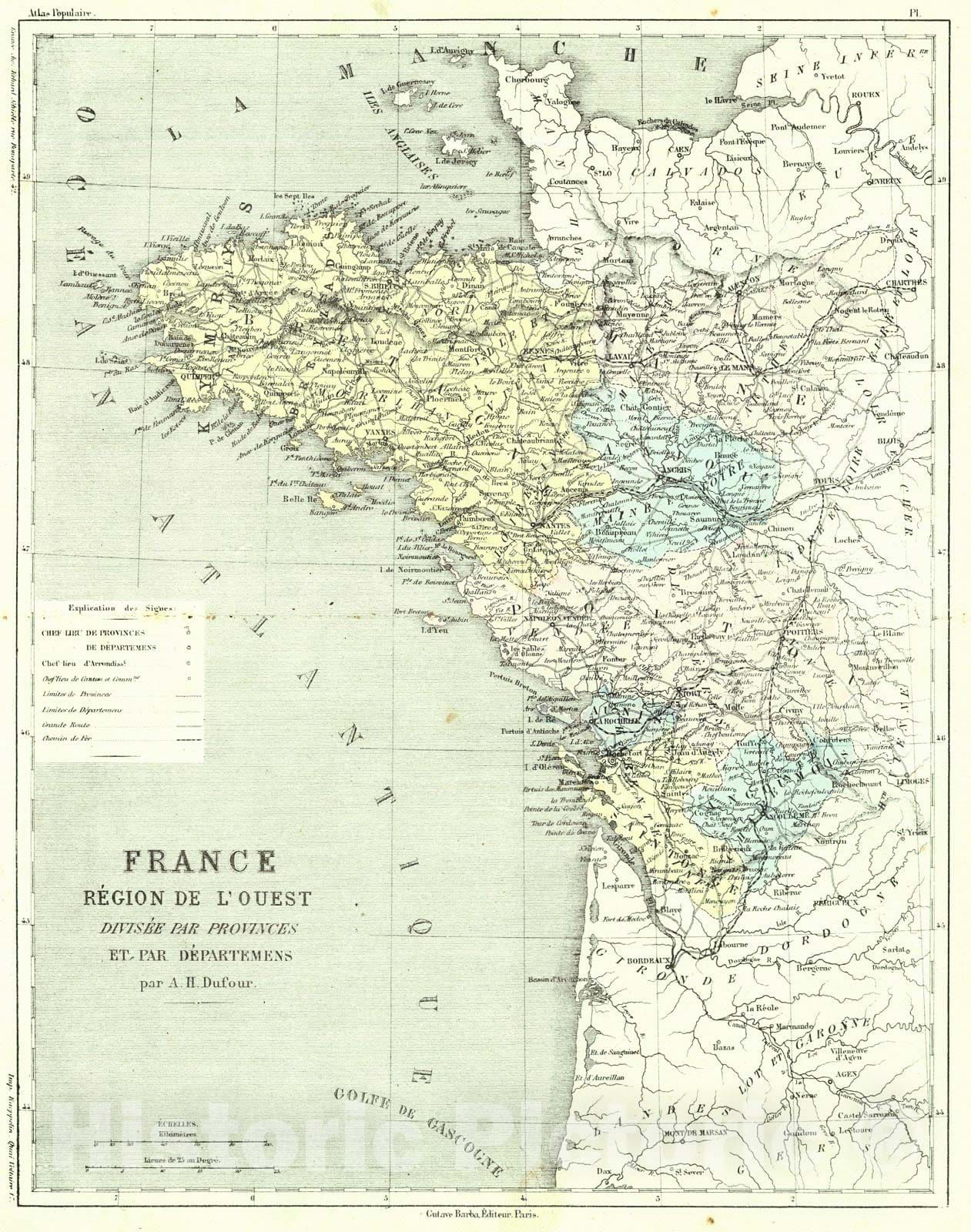 Historic Map : 1856 France Region de L'Ouest Divisee par Provinces et par Departemens : Vintage Wall Art