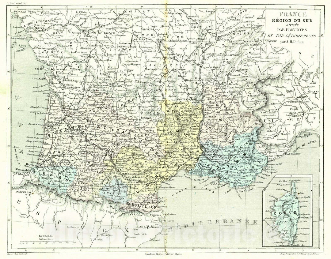 Historic Map : 1856 France Region du Sud Divisee par Provinces et par Departemens : Vintage Wall Art