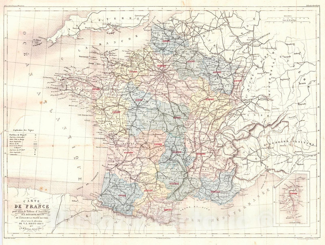 Historic Map : 1856 Carte De France pour servir de Tableau d'Assemblage aux Departements : Vintage Wall Art
