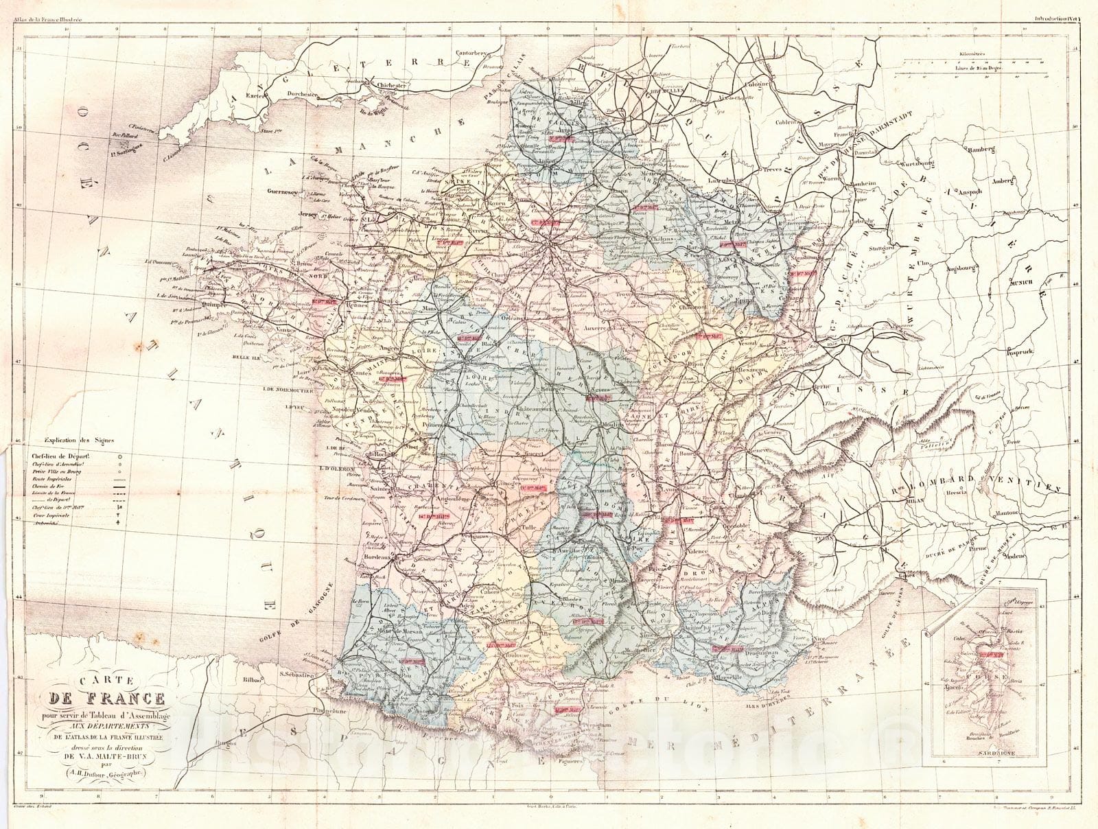 Historic Map : 1856 Carte De France pour servir de Tableau d'Assemblage aux Departements : Vintage Wall Art