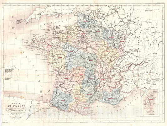 Historic Map : 1856 Carte De France pour servir de Tableau d'Assemblage aux Departements : Vintage Wall Art