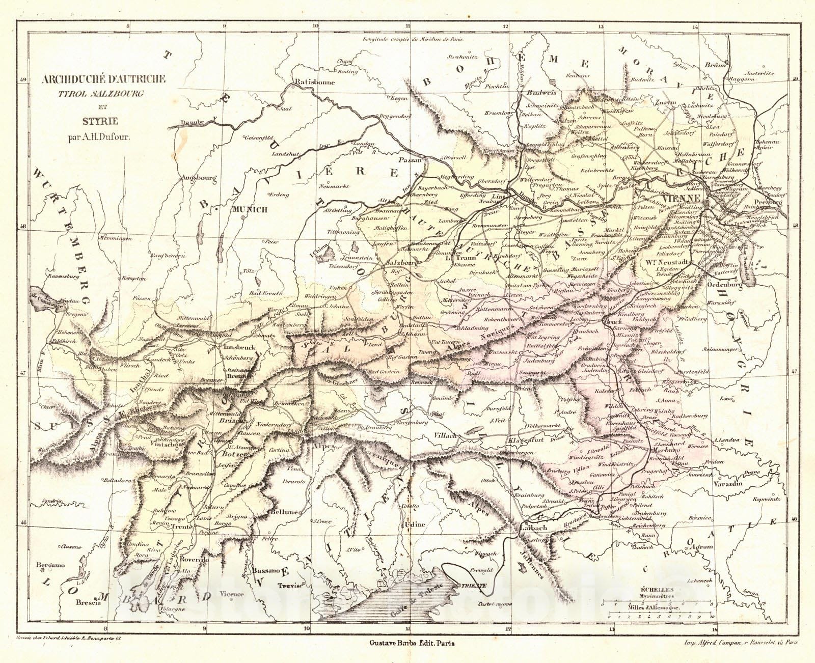 Historic Map : 1856 Archduche D'Autriche Tyrol Salzboug et Styrie : Vintage Wall Art