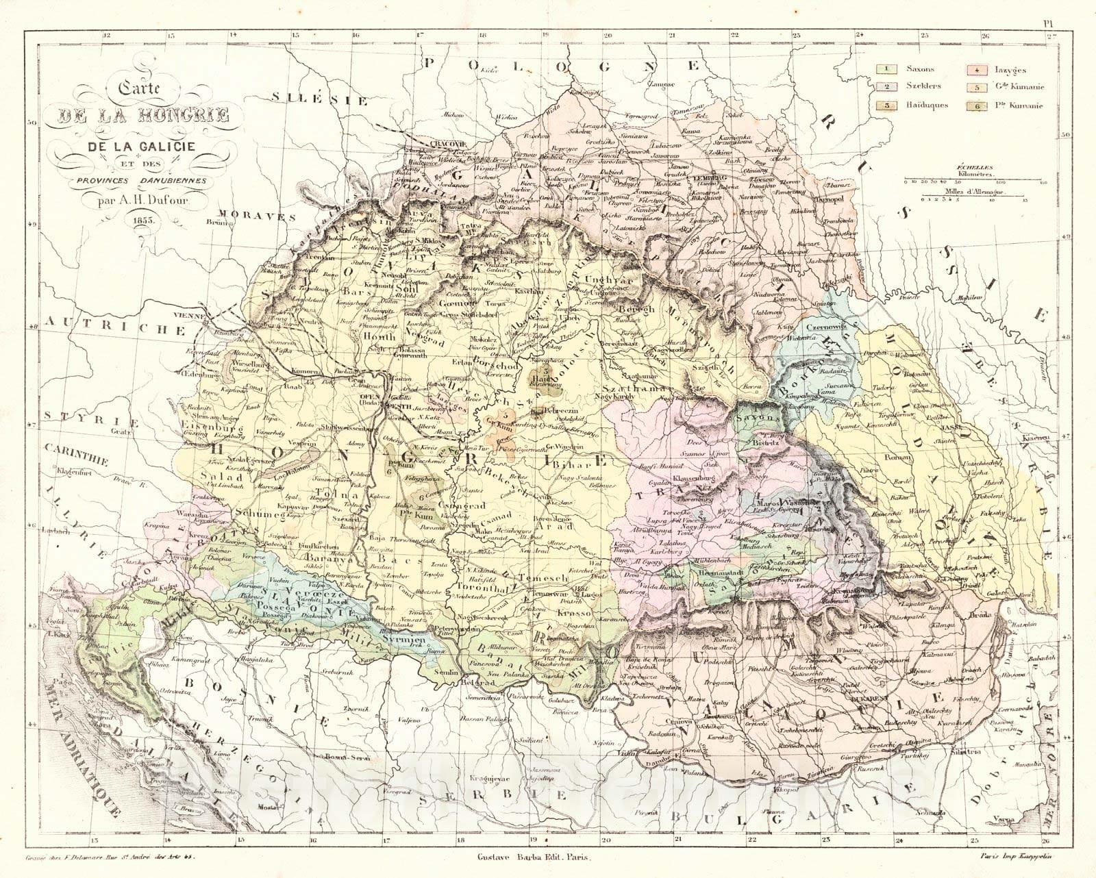 Historic Map : 1856 Carte de la Hongrie de la Galicie et des Provinces Danubiennes : Vintage Wall Art